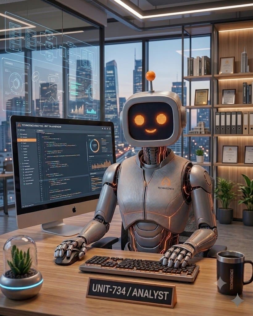 Robô mascote da Amppliar programando fluxos de automação em um computador