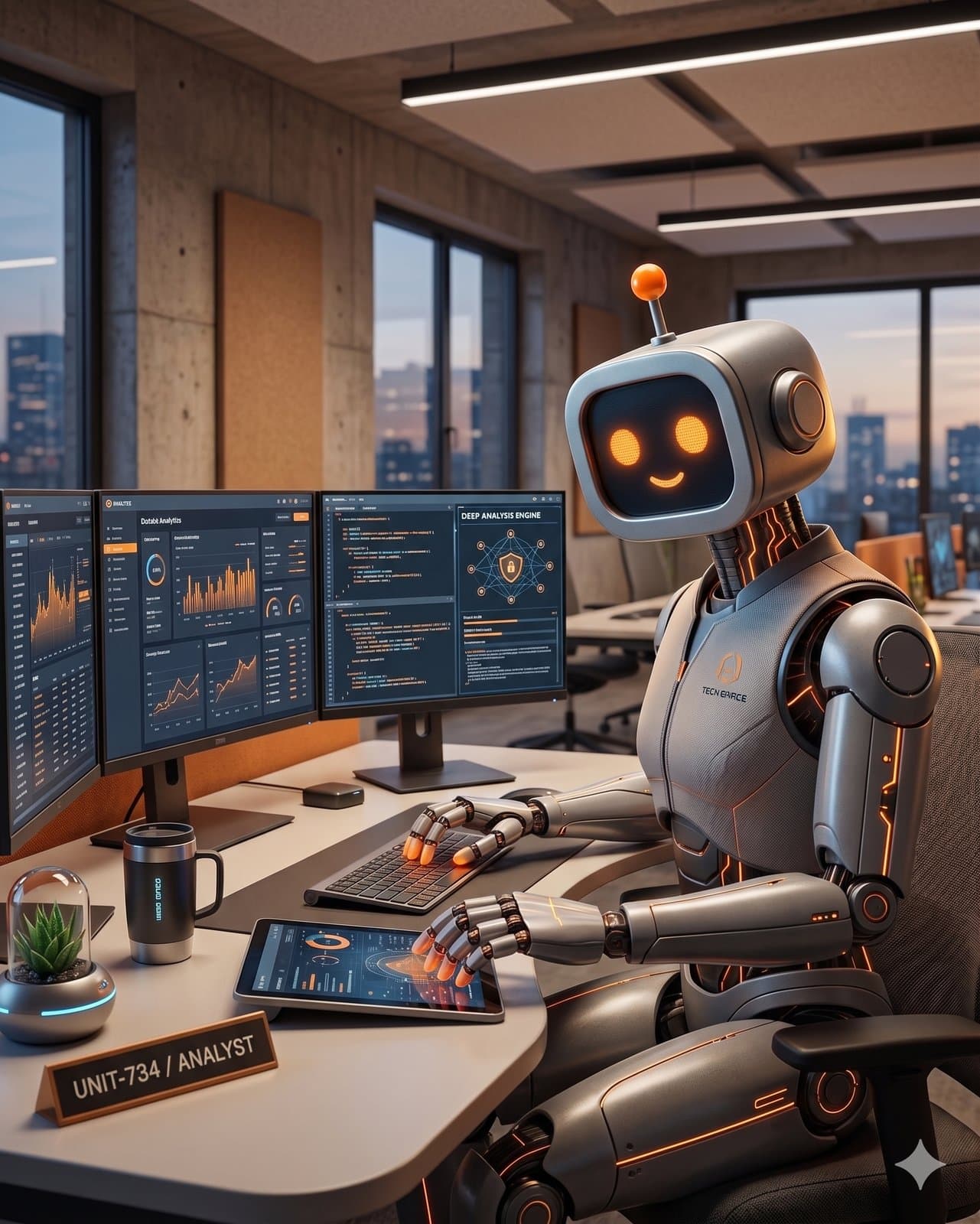 Robô mascote da Amppliar analisando painéis de métricas e indicadores em múltiplos monitores